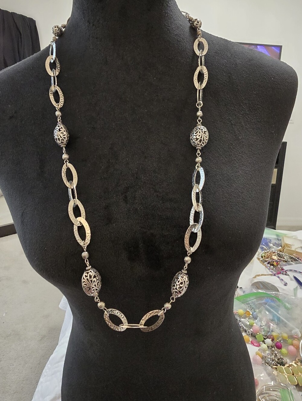 RMN Long Silver Filigree Link Necklace - Women Jewelry